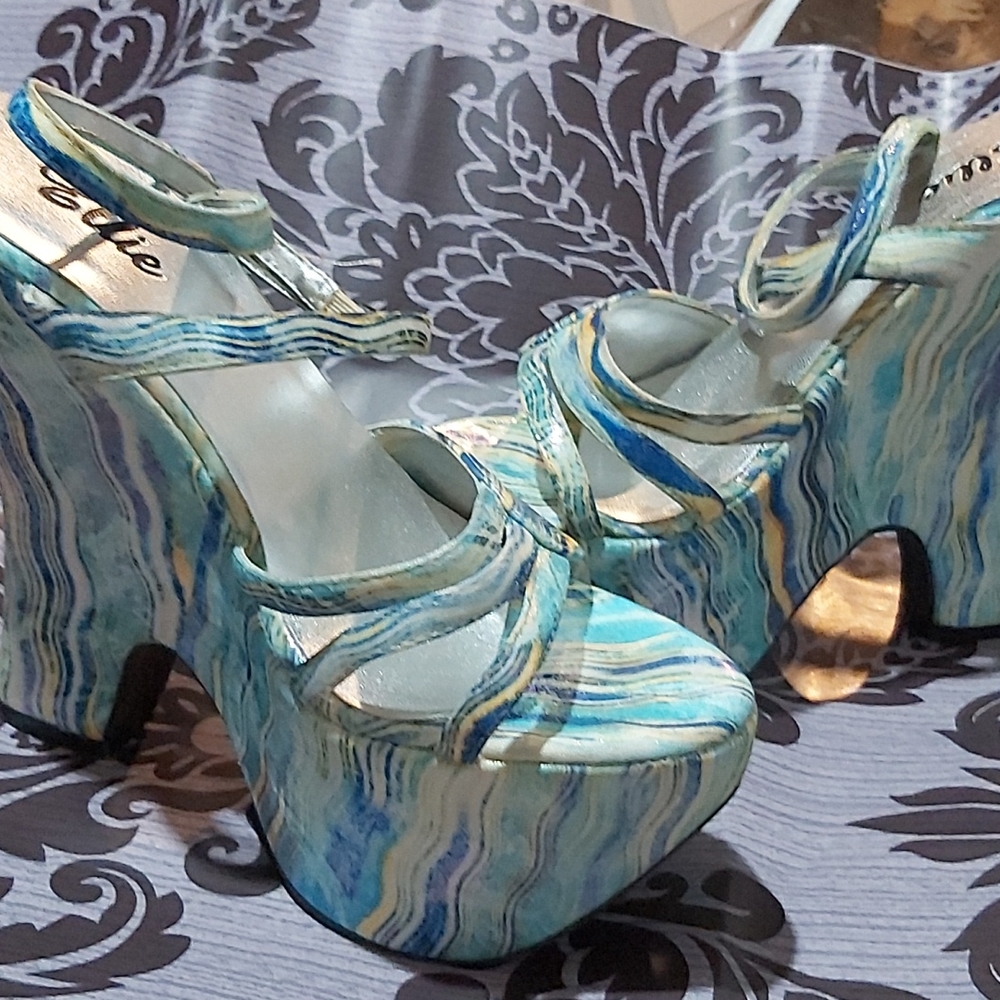 Blue Marble Platform Heels - Women's Strappy Sandals